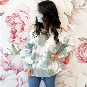 Sage + white cold shoulder long sleeve  top